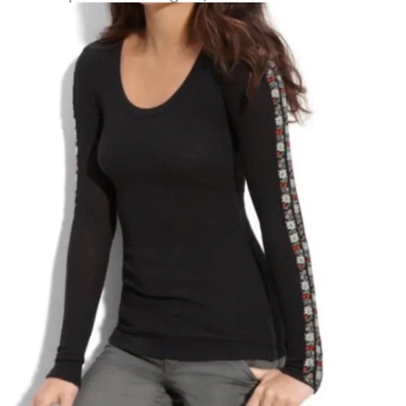 Free People Black Long Sleeve Top with Patterned Sleeves - Picture 13 of 13